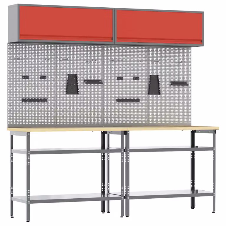 Set banco da lavoro vidaXL 8 pezzi con pannello forato e altezza regolabile, Rosso e Grigio
