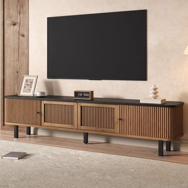 Mobile TV moderno in MDF e PB effetto rovere, 190x35x45 cm, con due ante scorrevoli e portina a rete