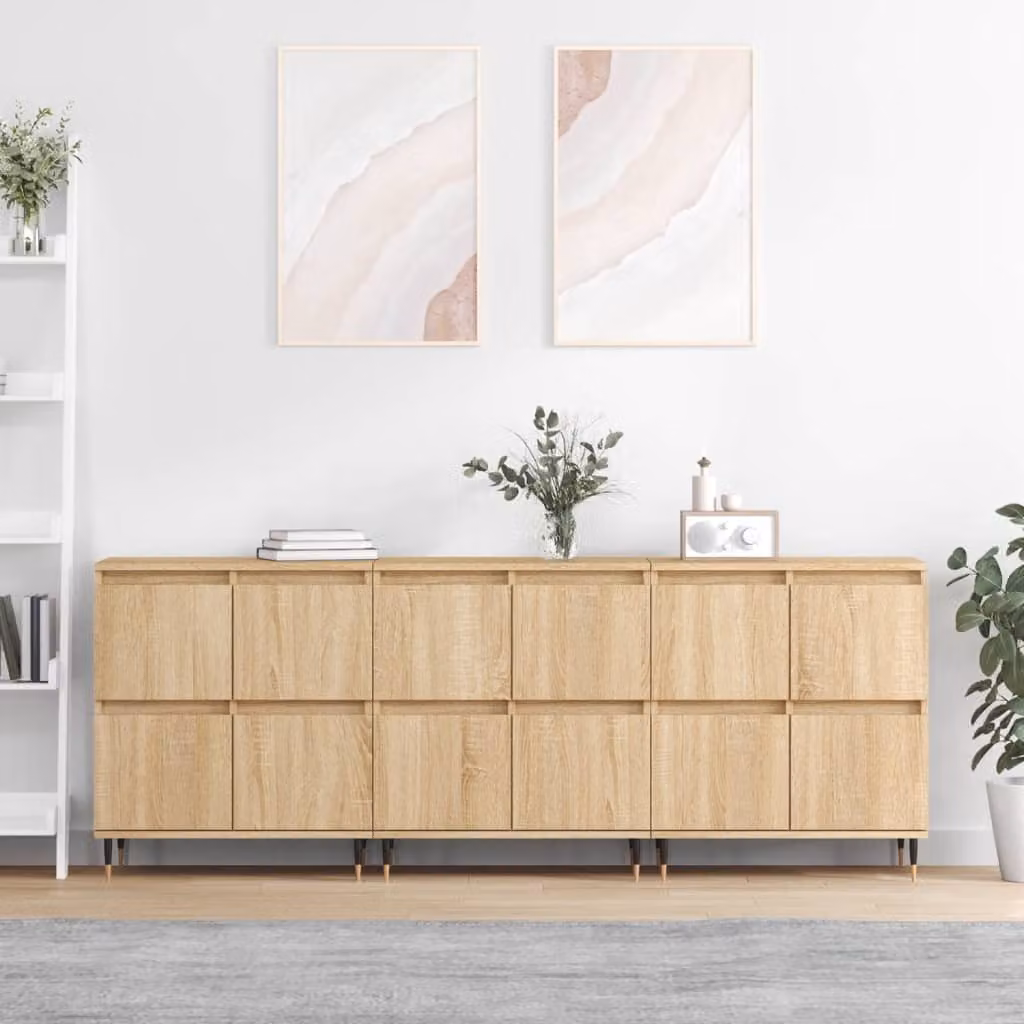Set di 3 credenze vidaXL in legno multistrato e metallo, colore rovere sonoma marrone, L/P/H: 180 x 35 x 70 cm