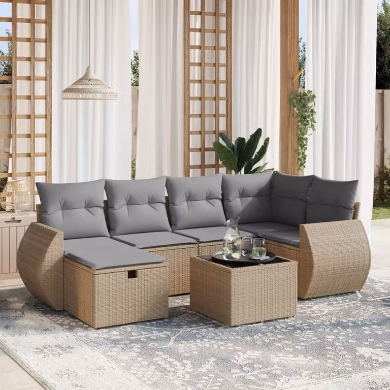 vidaXL Set Divano da Giardino a L 7 pz con Cuscini Beige e Grigio in Polyrattan e Metallo