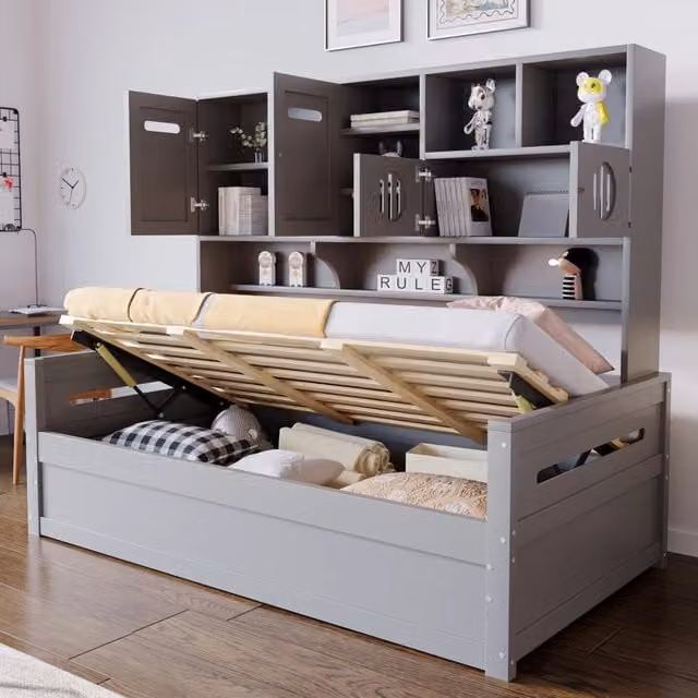 Letto divano singolo 200×90 cm, vano idraulico, armadietti e ripiani, senza materasso, legno di pino grigio