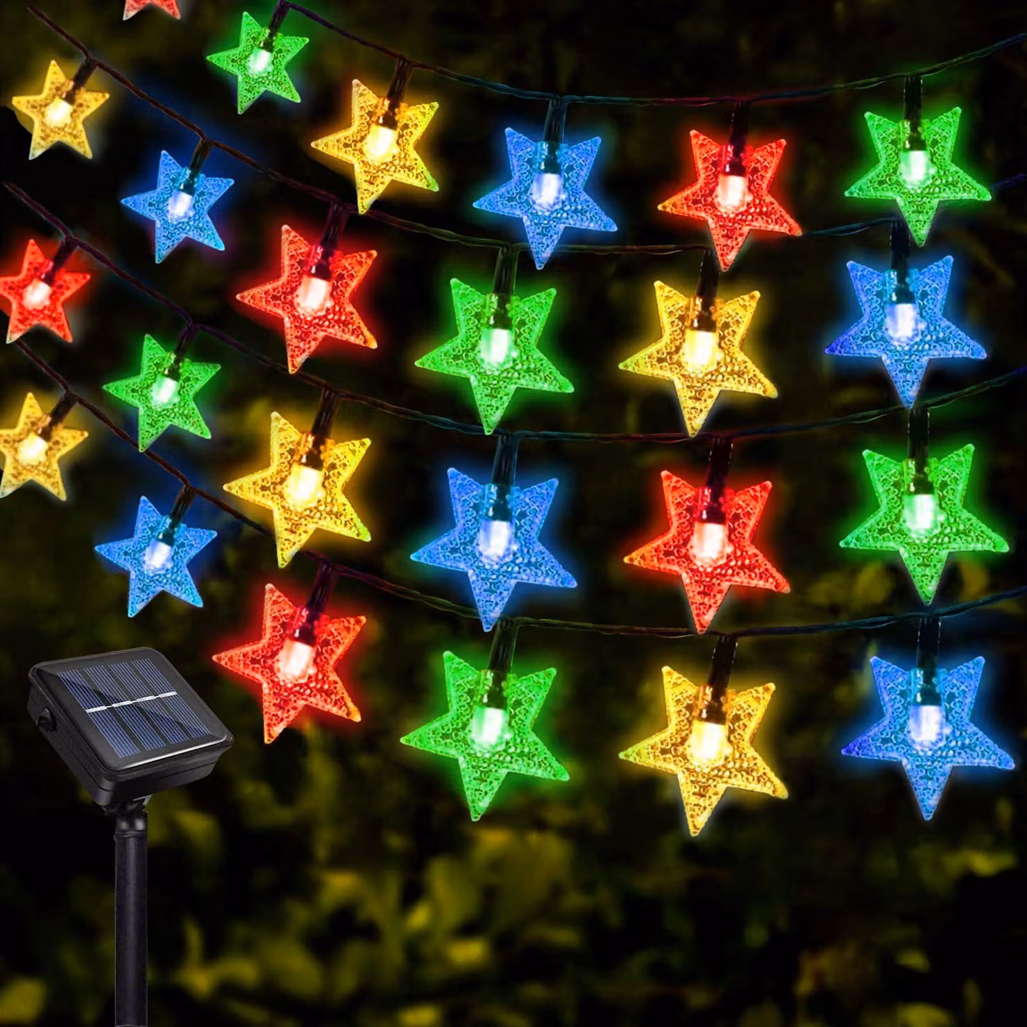 Catena luminosa solare a forma di stelle, lunghezza 12 metri, 100 LED, 8 modalità, grado di protezione IP65