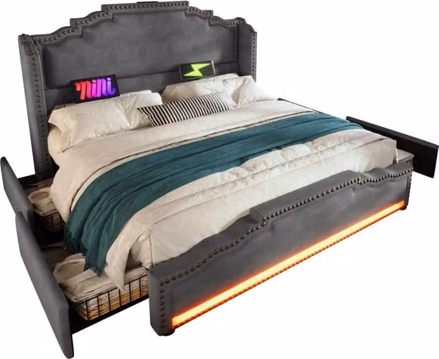 Letto contenitore matrimoniale 160×200 cm con 4 cassetti, LED, USB e Type-C, materasso incluso, velluto grigio