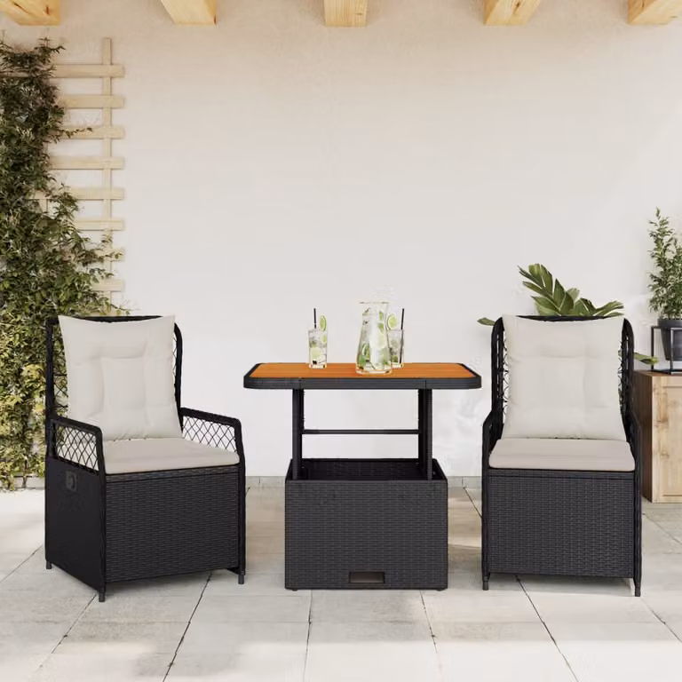 Set da pranzo da giardino vidaXL in legno di acacia oliato nero e marrone con struttura in metallo e rattan