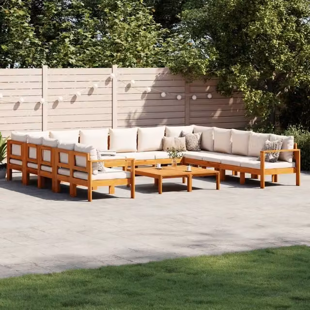Set di Divani da Giardino a Forma di U vidaXL in Legno di Acacia con Cuscini Bianchi – 1