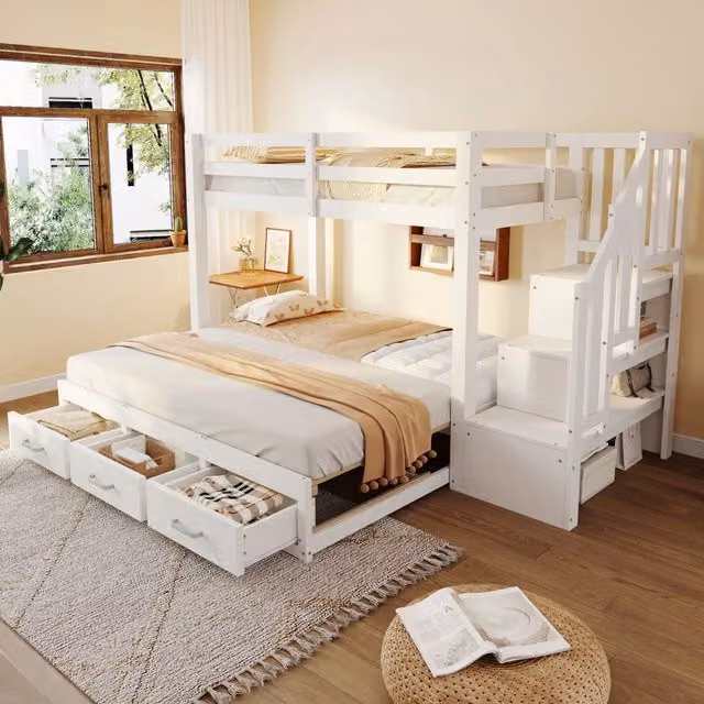 Letto a castello multifunzione 90x200 cm con letto estraibile; cassetti e scala contenitore