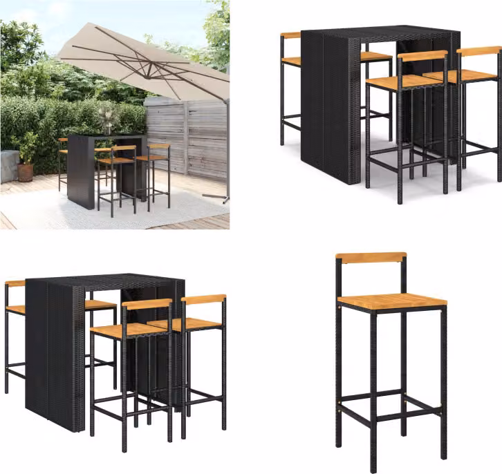 vidaXL Set bar da giardino 5 pezzi in poly rattan nero e legno massiccio di acacia - Set bar da giardino - Set bar da giardino - Set bar da giardino - Bar da giardino