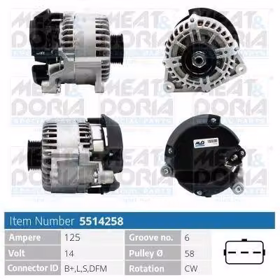 MEAT & DORIA 5514258 Alternatore 125 A 14 V per FORD TRANSIT CONNECT (P65, P70, P80) Tourneo Connect Mk1