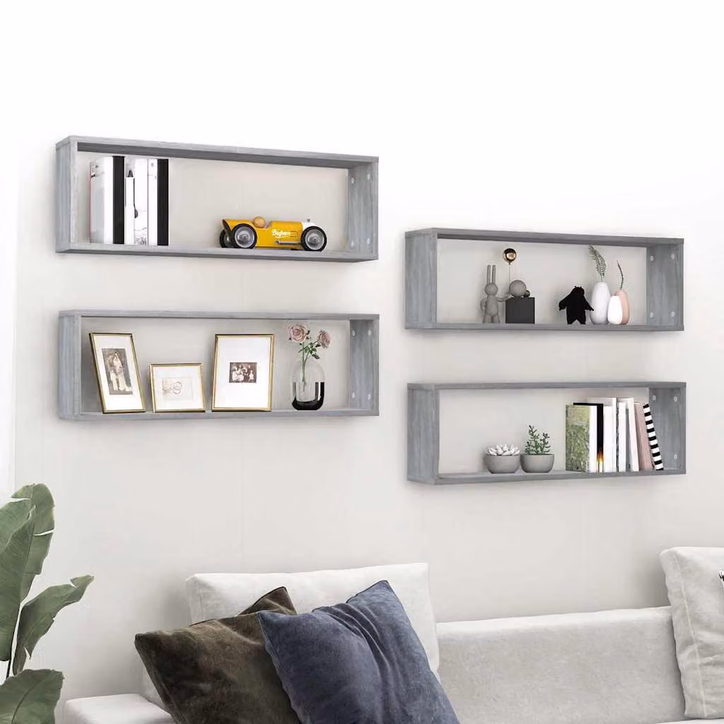 vidaXL Mensole a Cubo da Parete in Legno Multistrato, 4 Pezzi, Grigio Sonoma, L 80 x P 15 x H 26,5 cm
