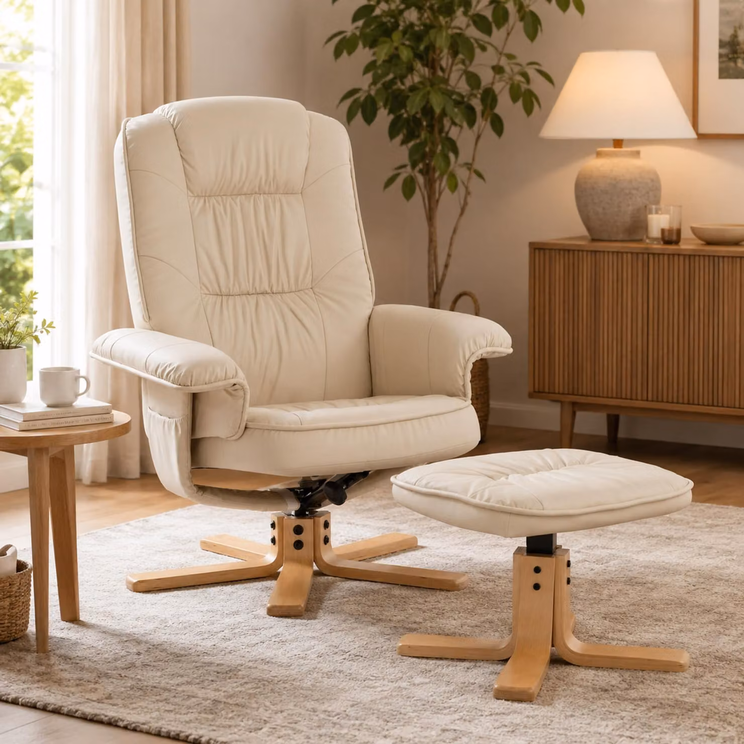 Poltrona relax M56, poltrona TV Poltrona TV con sgabello pouf, Similcuoio, legno di eucalipto ® ~ crema