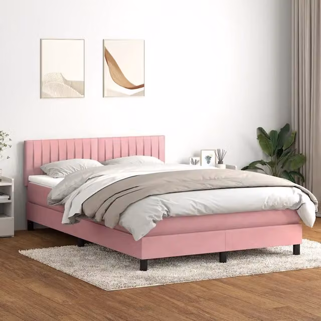 Letto a molle con materasso e illuminazione LED vidaXL in velluto rosa, L: 144 cm, P: 213 cm, H: 88 cm