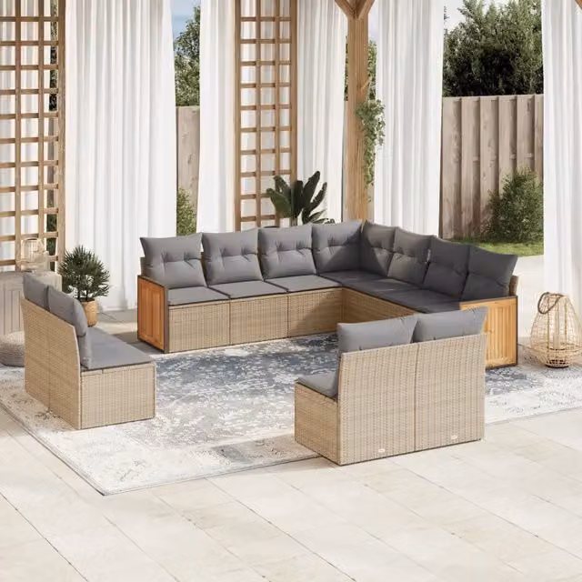 Set di divani da giardino VIDAXL in polyrattan con cuscini beige, 11 pezzi