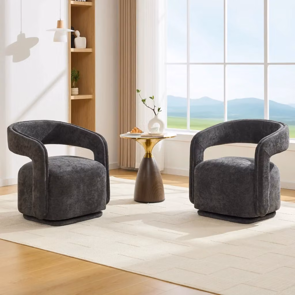 Poltrona girevole a 360 gradi Mivray in chenille grigio scuro con struttura in legno, L: 74 cm, P: 65,5 cm, H: 70 cm – 2