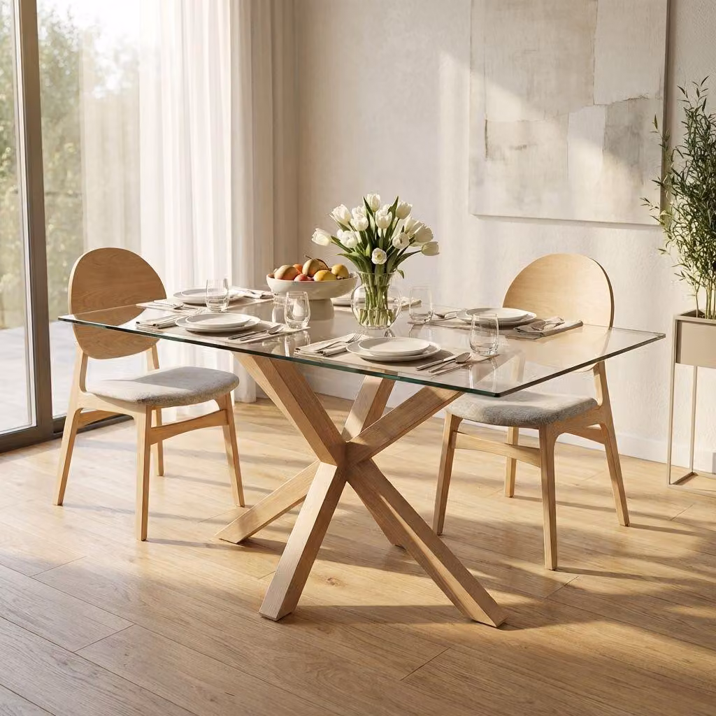 Milani Home - tavolo da pranzo fisso 160 x 90 x 75 cm, quercia chiaro, piano in vetro e base in metallo
