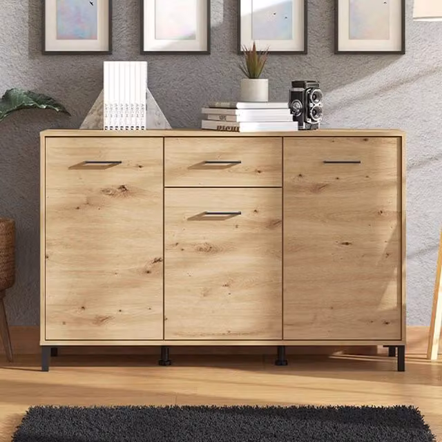 Madia Laerru DMORA, Credenza moderna con 3 cassetti in rovere nodi marrone, L: 138 cm, P: 40 cm, H: 90 cm