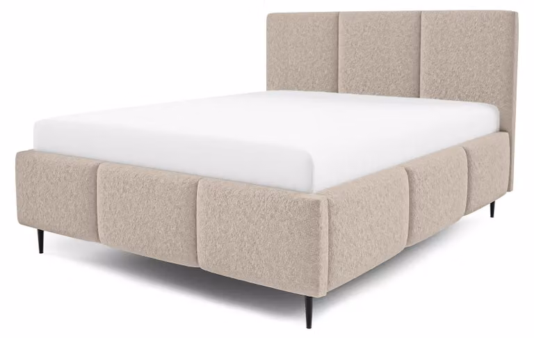 Letto imbottito con contenitore, rivestito in velluto color beige, dimensioni 180 x 200 cm