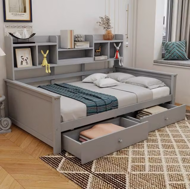 Letto singolo multifunzione 90x200 cm con cassetti e ripiani in legno massello grigio
