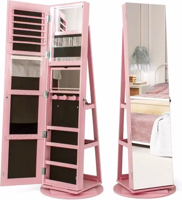 Armadio portagioielli girevole con specchio a figura intera luci LED, Organizer da terra di gioielli Rosa