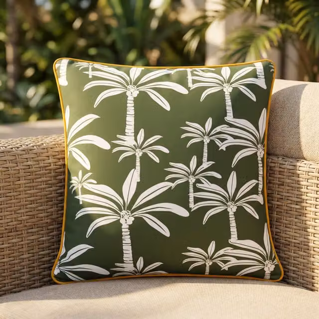 Cuscino arredo KASANOVA con motivo palme verde, idrorepellente e lavabile, L 50 cm x P 50 cm x H 50 cm