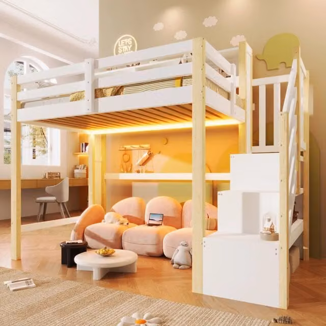 Letto a soppalco 90x200 cm con LED; scala contenitore e sbarre di sicurezza in pino e MDF bianco e colore naturale