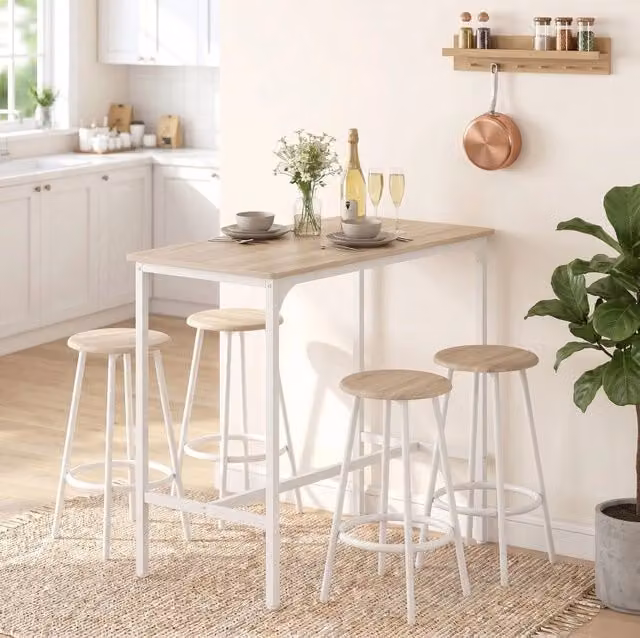 Set tavolo da bar ULEVR 5 pezzi con 4 sgabelli, 110x50x89,5 cm, effetto rovere e struttura bianca