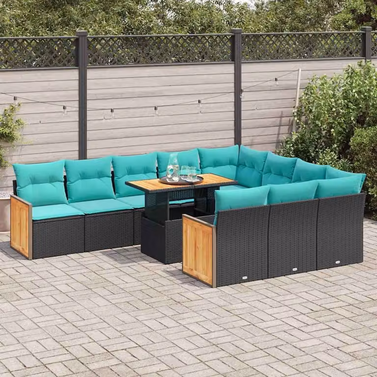 Set di divani da giardino vidaXL in polyrattan e legno di acacia con cuscini, forma a U, 11 pezzi