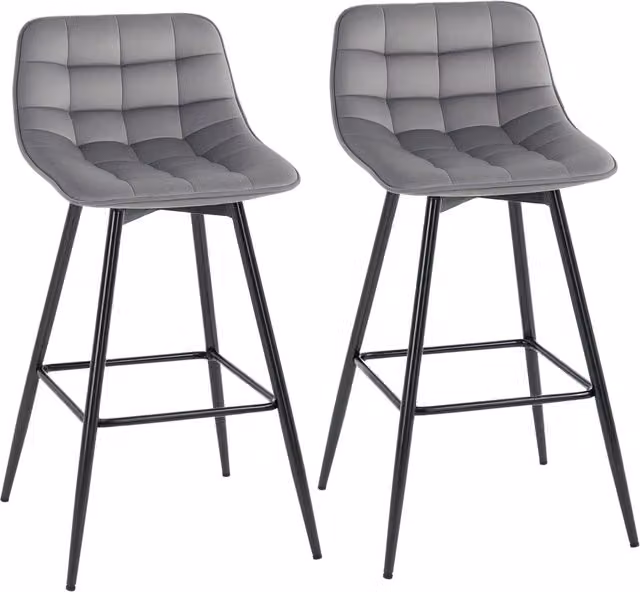 Set di 2 sgabelli alti in stile nordico con schienale e poggiapiedi, rivestimento in tessuto effetto velluto e struttura in metallo, L 45 cm x P 47 cm x H 88 cm, Grigio