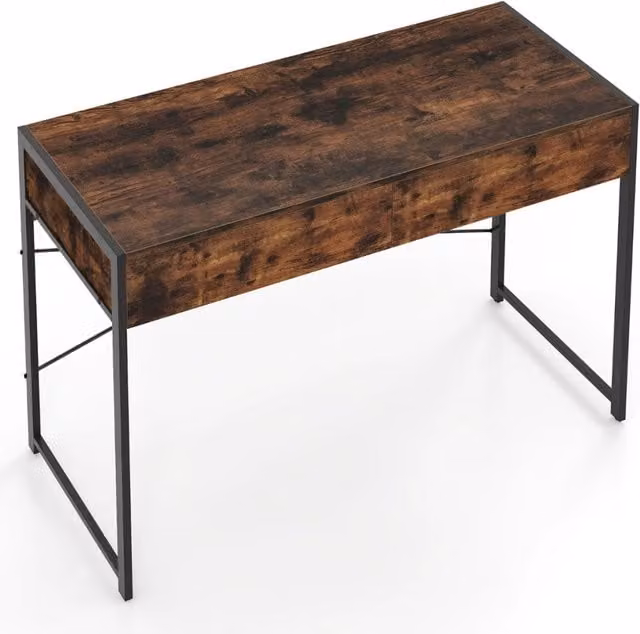Scrivania per computer in stile industriale con telaio in metallo e piano in legno, colore marrone, L: 111 cm, P: 48 cm, H: 76 cm – 1