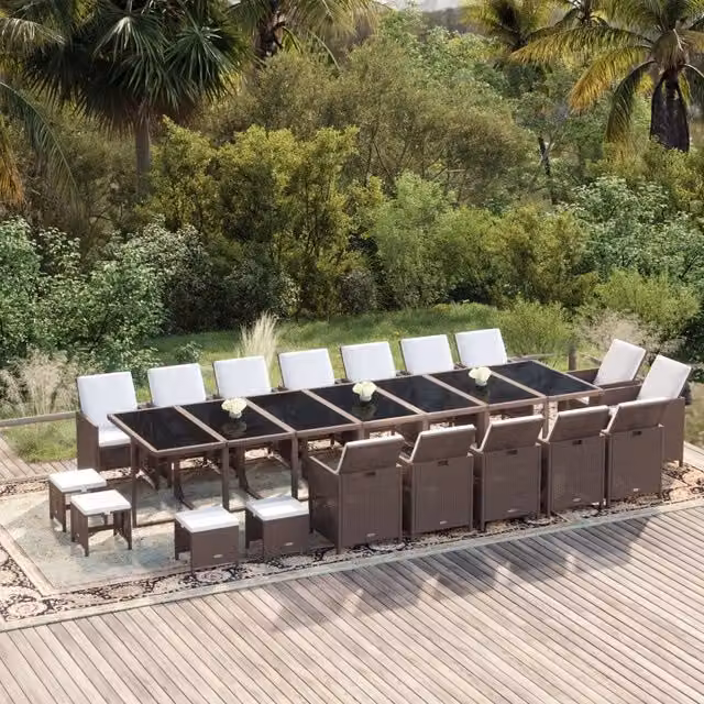 Set da pranzo da giardino moderno vidaXL in polyrattan marrone con cuscini e piano in vetro, 19 pezzi
