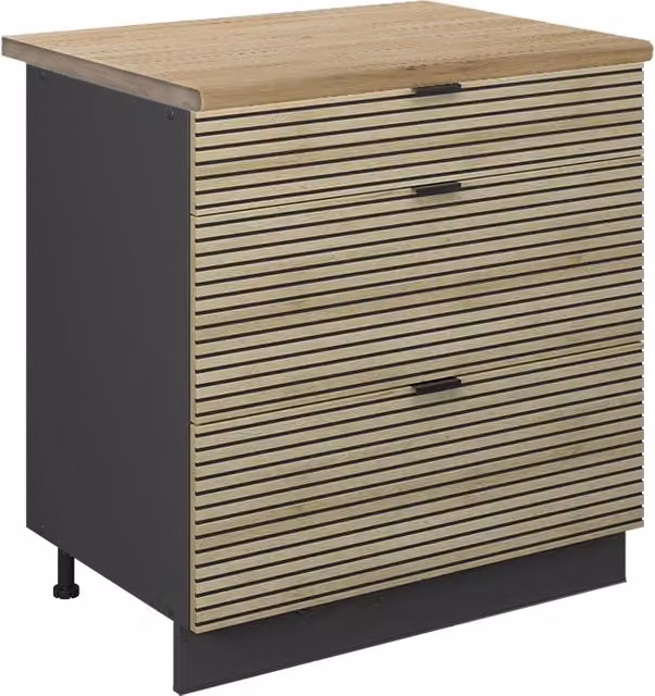 Mobiletto base per cucina Fame-Line Pannello in quercia/Antracite 80 cm con 3 cassetti, PL Rovere Vicco