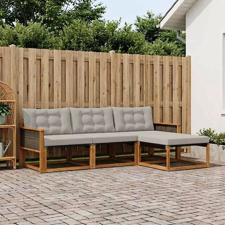 vidaXL Set di divani da esterno a L in legno di acacia con pouf e cuscini, Beige e Grigio