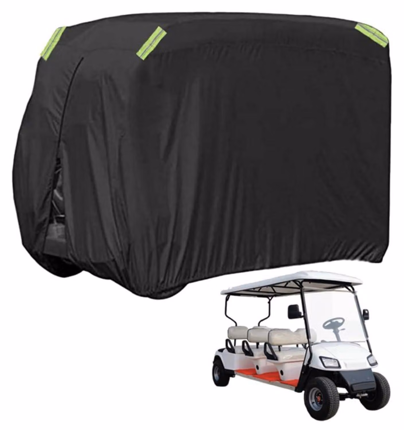 Copertura per golf car con 6 posti, dimensioni 350x121x167 cm, realizzata in poliestere 210D, resistente alle intemperie, con strisce riflettenti e chiusura a zip
