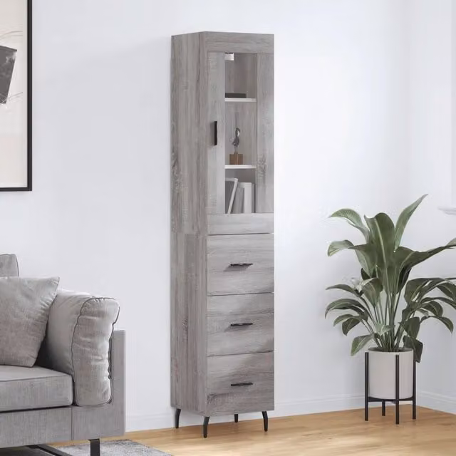 Credenza Buffet Design Mania Grigio Sonoma con Ante in Vetro e Ripiani Interni, L/P/H: 34,5 x 34 x 180 cm