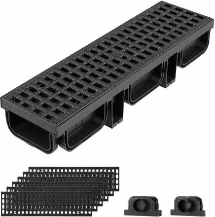 Set da 6 pezzi di canalette di drenaggio lineari VEVOR in plastica nera con griglie e tappi terminali, L/P/H: 51 x 14 x 9 cm