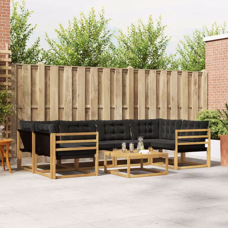 Set di divani da esterno vidaXL 7 pezzi a forma di U in legno di acacia con tavolino e cuscini, Bianco e Nero