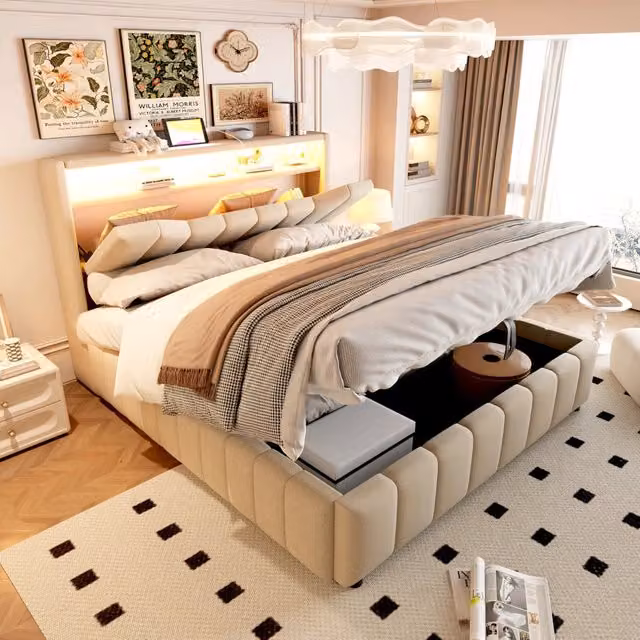 letto imbottito tessuto beige 140 x 200 cm