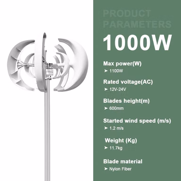 Turbina eolica - Generatore eolico - Turbina eolica verticale - Generatore di energia eolica - Potenza: 1000W