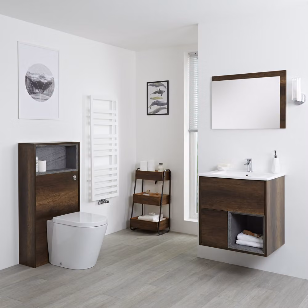 Mobile Bagno Sospeso da 600mm in Rovere Scuro con Lavabo Integrato, Mobile WC e Sanitario - Senza LED - Hoxton