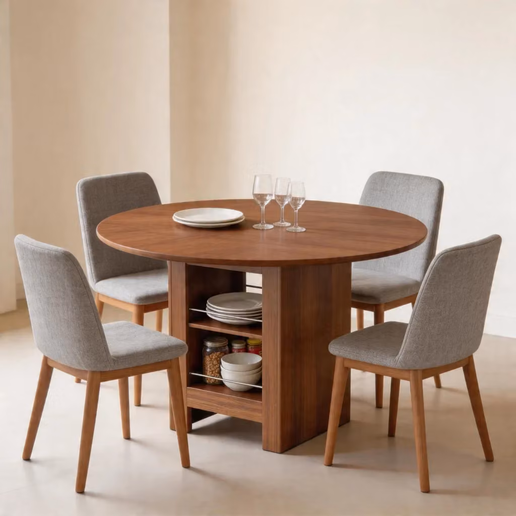 Tavolo da pranzo rotondo Mivray in MDF laminato marrone con base a colonna centrale, ideale per la tua zona pranzo moderna, Diametro: 100 cm, Altezza: 76 cm – 2