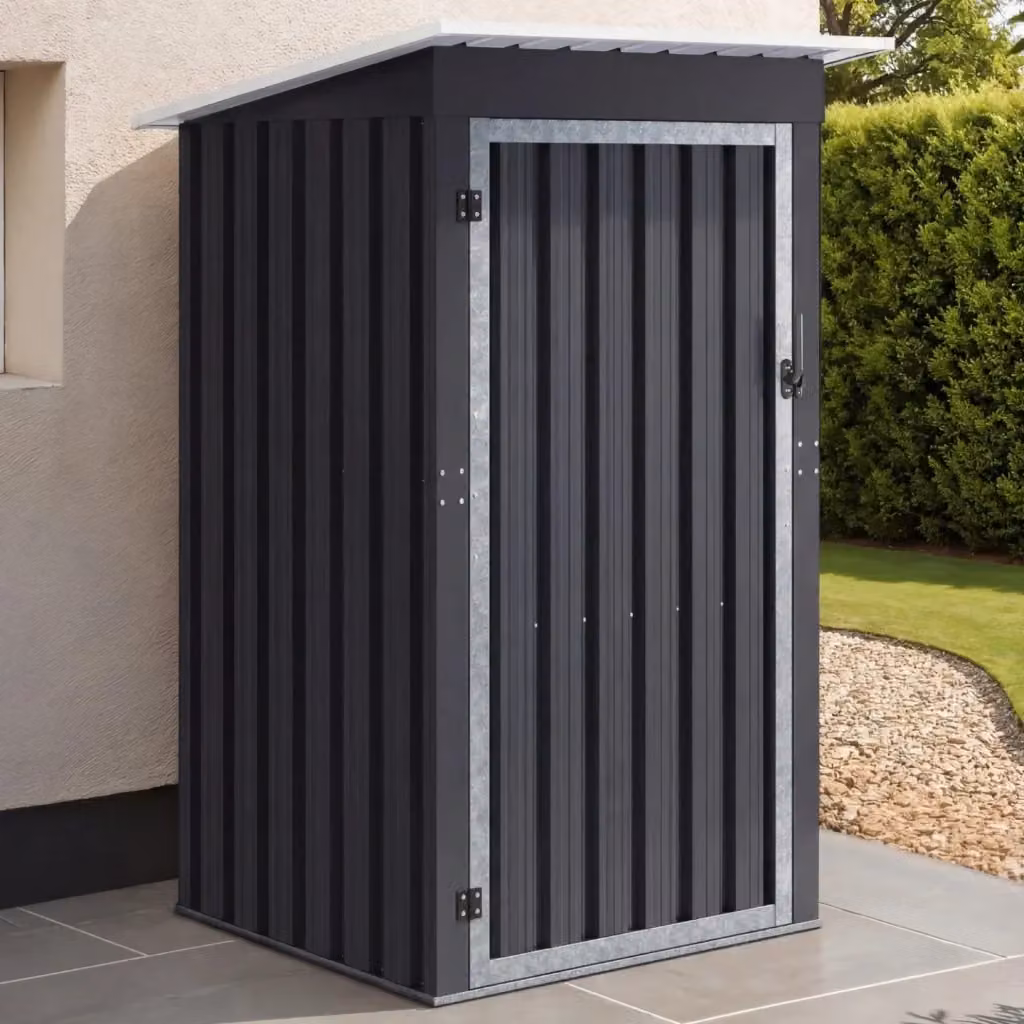 Casetta da giardino IDMarket in acciaio zincato grigia con tetto a falde e porta singola L 100 cm x P 95 cm x H 160 cm – 2