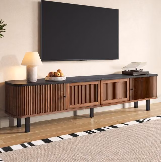 Mobile TV in legno MDF noce con ante scorrevoli e griglia, 190x35x45 cm