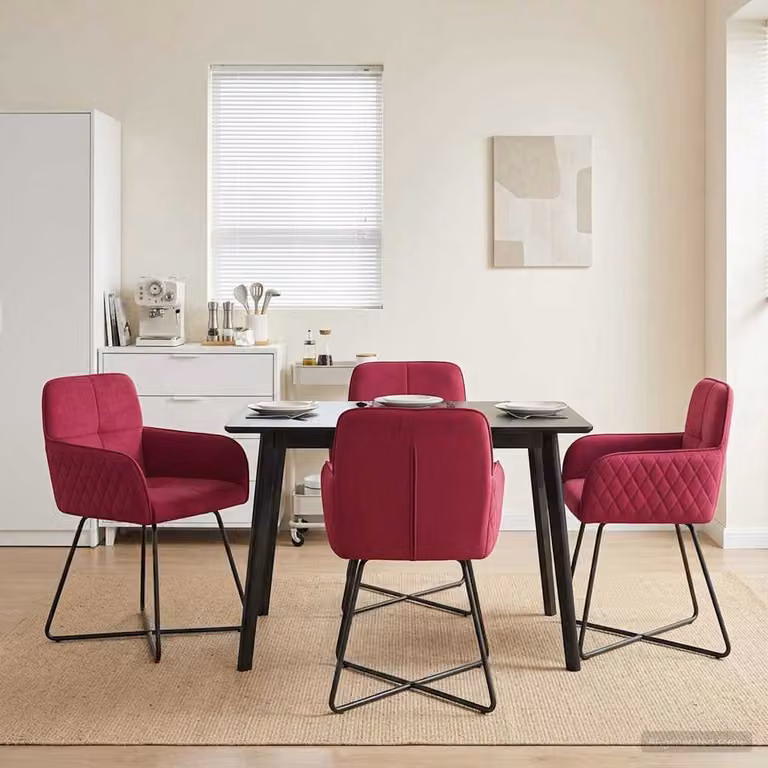 Set di 4 sedie da pranzo vidaXL in velluto rosso con struttura in metallo, L: 59 cm, P: 56,5 cm, H: 86 cm