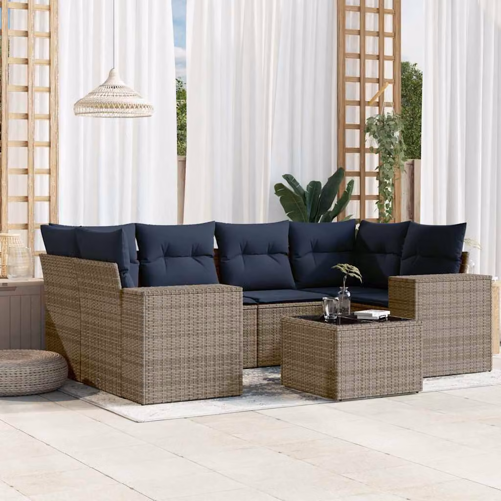 Set Divani da Giardino vidaXL 7 Pezzi in Polyrattan Grigio con Cuscini e Tavolino da Esterno a Forma di L