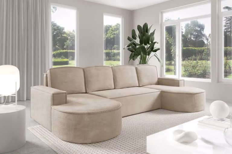Divano angolare GUTTO Molly a forma di U, con linee arrotondate, in un elegante color grigio beige chiaro, rivestito in velluto: un design moderno e di tendenza! (con possibilità di trasformazione in letto)