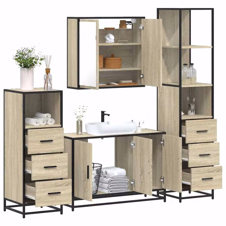Set di mobili da bagno industrial vidaXL in legno e metallo marrone, composto da armadietto con specchio, mobile lavabo, mobile laterale e colonna alta