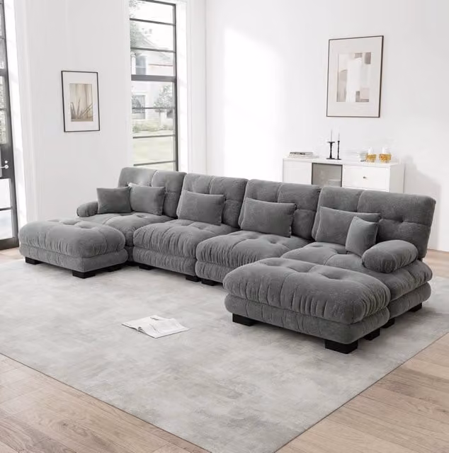 Divano modulare con ottomane mobili 406x145x81 cm in ciniglia grigio