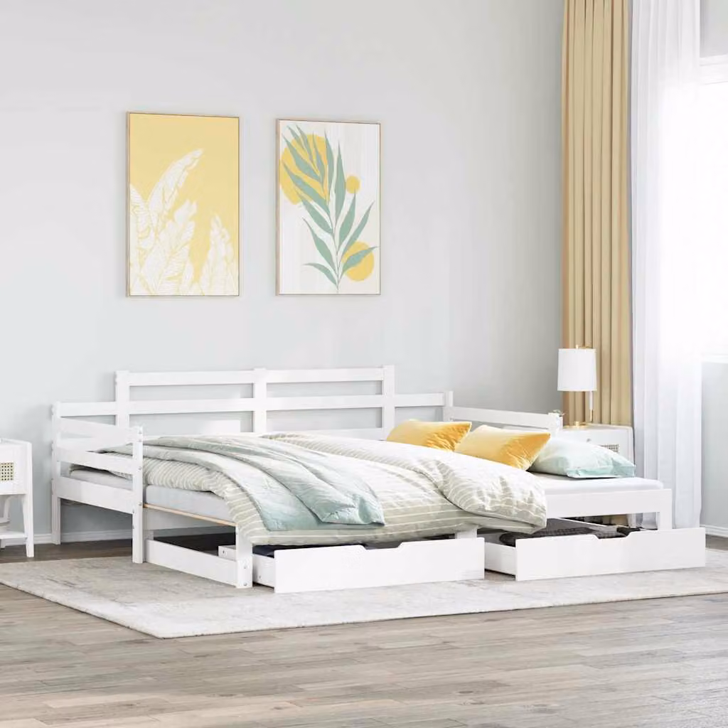 vidaXL Letto Estraibile con Cassetti in Legno di Pino Bianco L: 200 cm, P: 80 cm, H: 76 cm