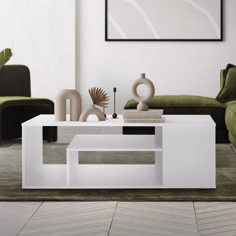 Tavolino di design ML in bianco, 110x50x41 cm, Ampio tavolo da soggiorno con 4 ripiani su 3 livelli, Tavolo da divano moderno con ampio spazio di archiviazione