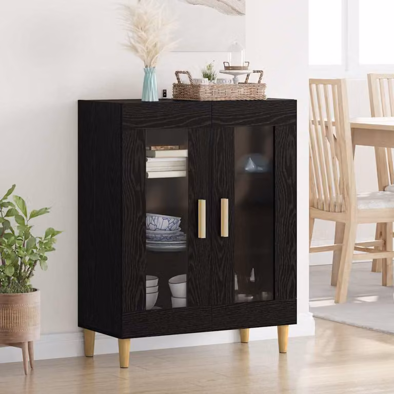 Credenza moderna vidaXL in legno ingegnerizzato e vetro, colore nero e beige, L: 69,5 cm, P: 34 cm, H: 90 cm