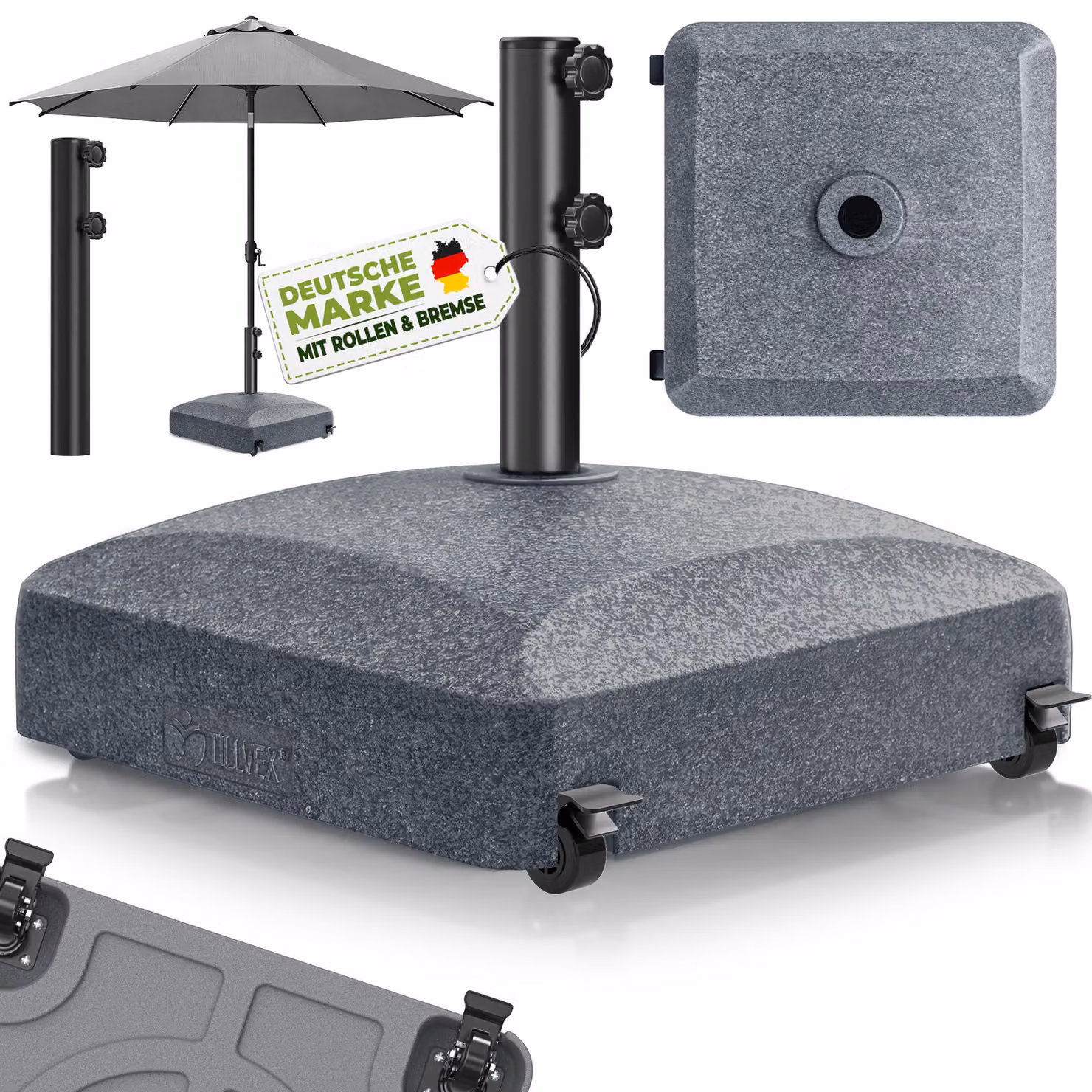 Supporto per ombrelloni tillvex® PAVERA con rotelle e freni, effetto granito | Supporto riempibile da 37 litri / 56 kg | Peso dell'ombrellone: ombrelloni da spiaggia e da mercato Ø 1,8-3,7 m | Supporto per ombrelloni a braccio laterale resistente alle int